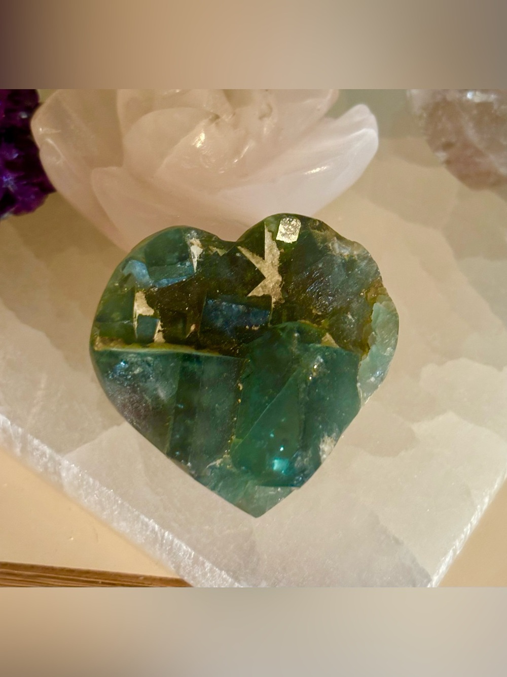 💚Green Fluorite Crystal Heart – Natural Cubic Formation & Raw Crystal Detail 92g